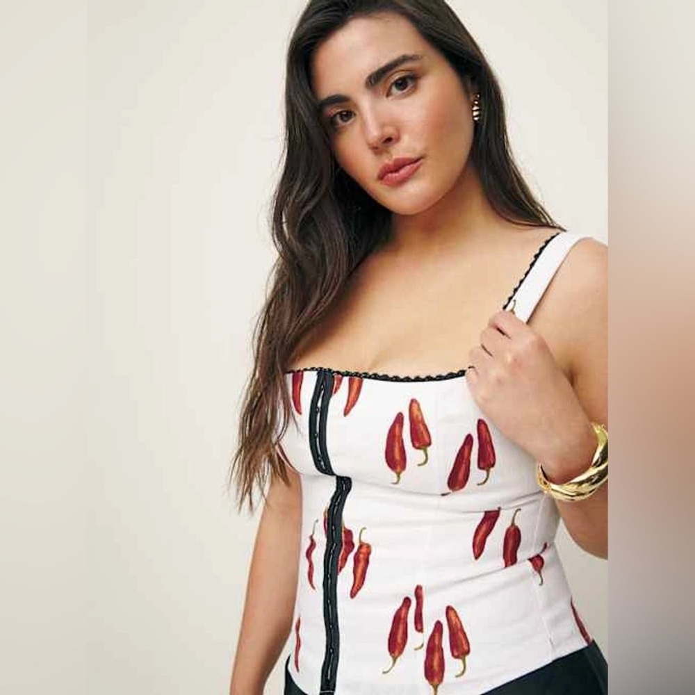 Reformation White and Red Pepper Print Blouse